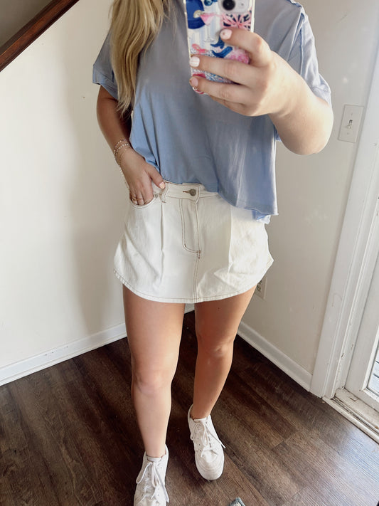 Pleated Mini Denim Skirt