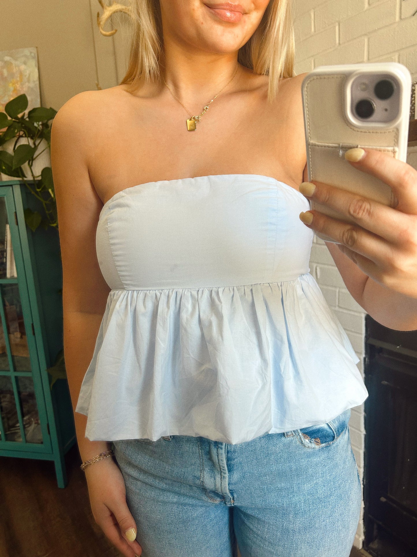 Light Blue Ruffle Tube Top