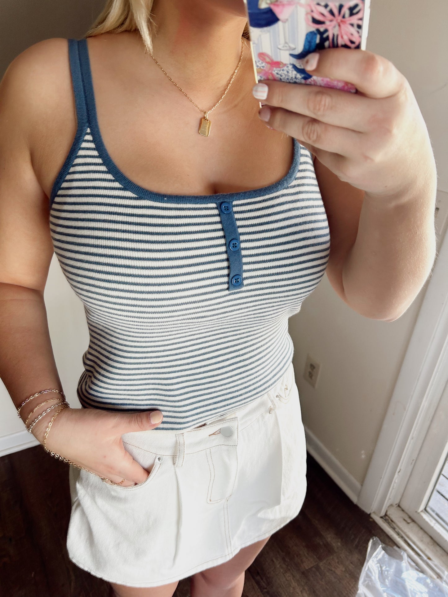 White-Blue Striped Sweater Tank Top