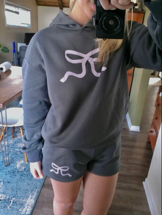 Cute Gray Bow Print Hoodie & Shorts Set – Light Pink Accents | Hoodie